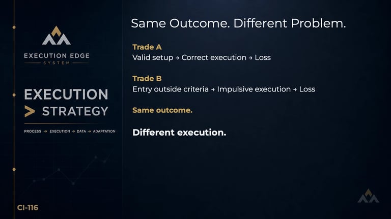Execution Strategy slide comparing Trade A and Trade B with same outcome but different execution methods and problems