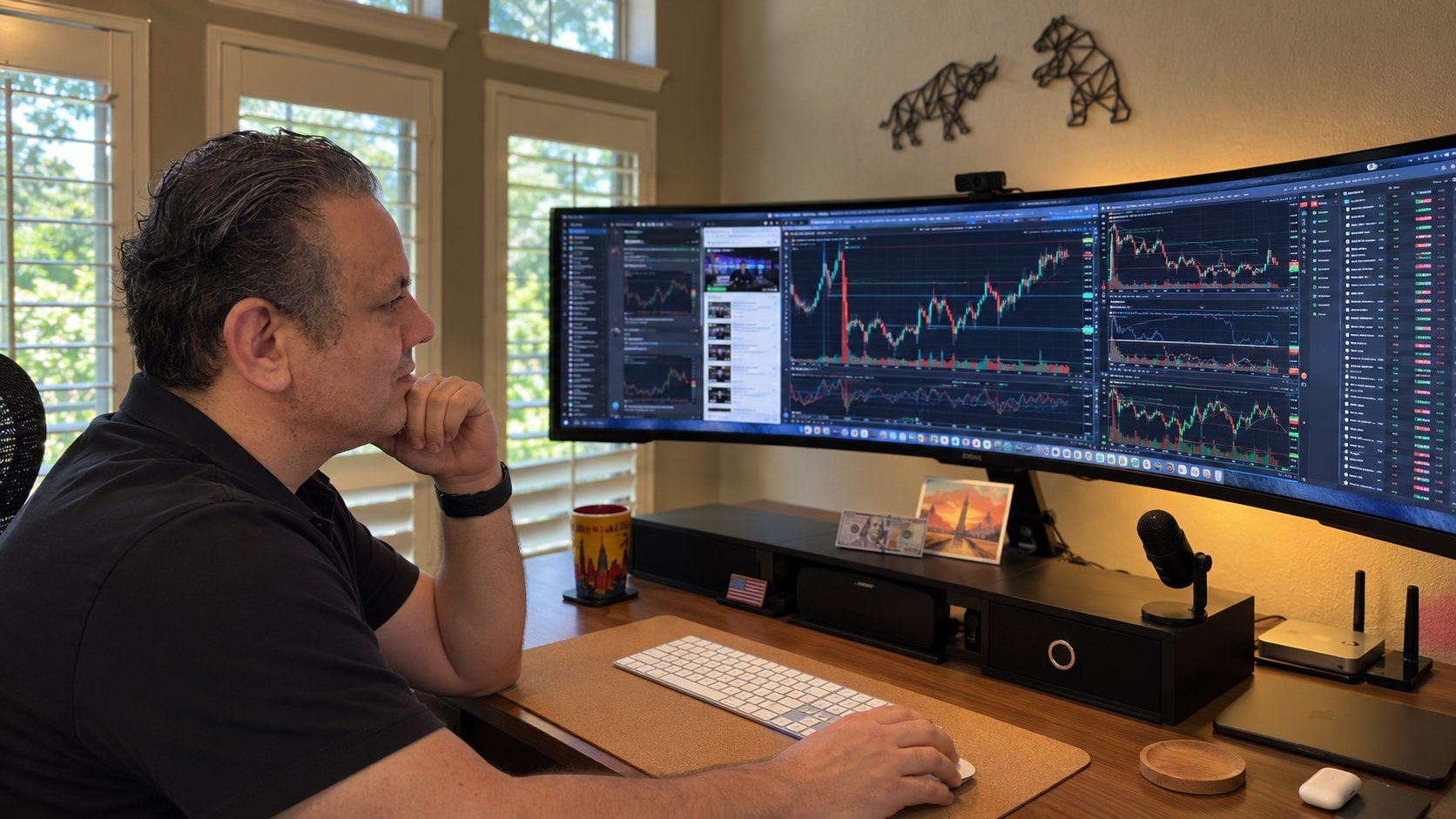 Man analyzing financial data on multiple computer monitors at a desk in a home office