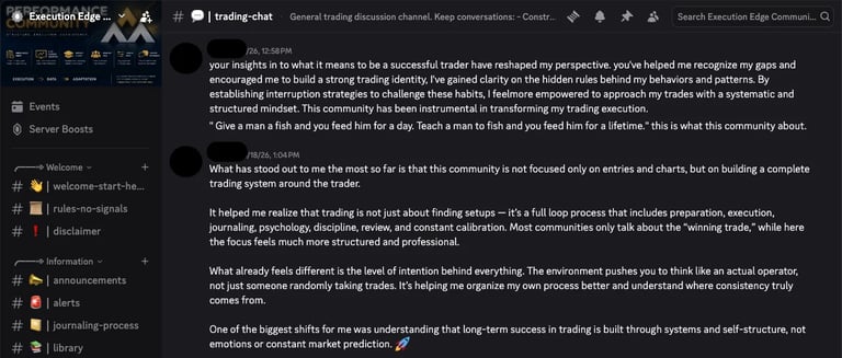 Screenshot of a trading discussion forum showing conversation threads and messages about trader perspectives and market systems