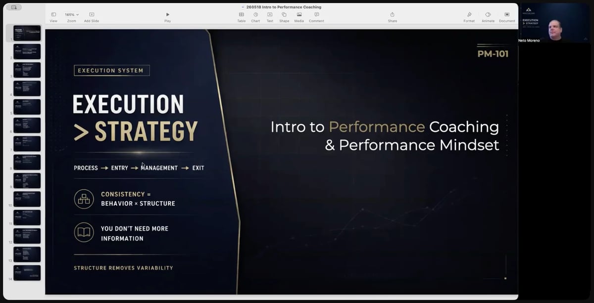 Presentation slide on execution strategy showing title and intro to performance coaching and performance mindset with navigation menu on left